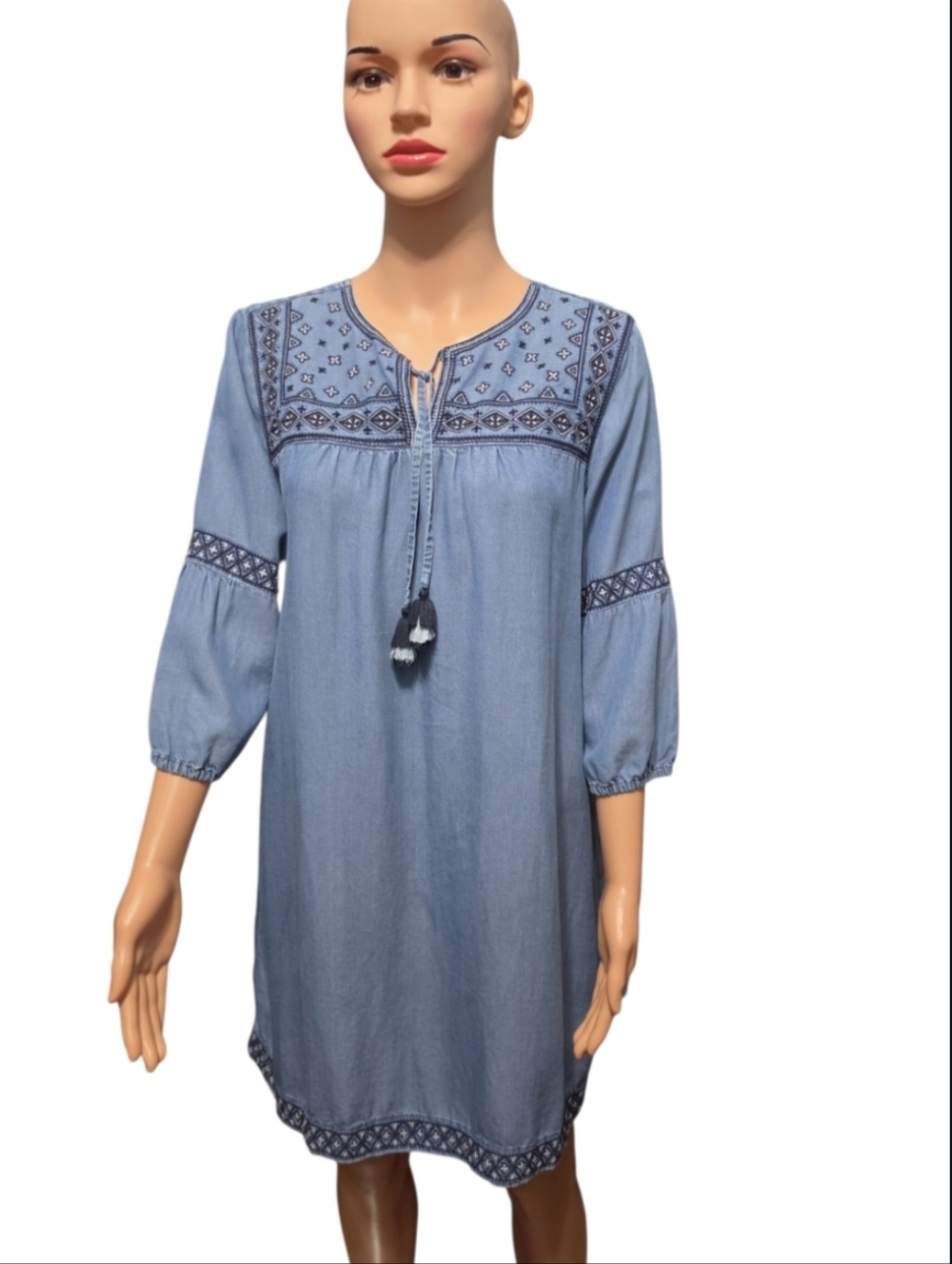 J.Jill Denim Chambray Tencel Boho Embroidered Lagenlook Dress Sz S